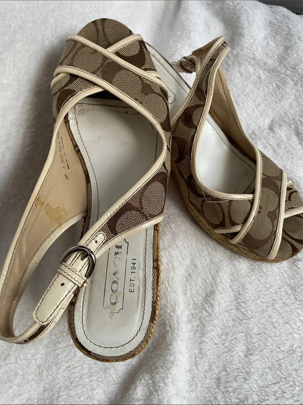 Coach Beige and Brown Signature Canvas Wedge Sandals